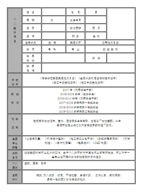 數控專業個人簡歷表格