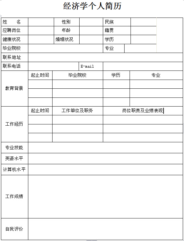 經濟學專業生個人簡歷表格