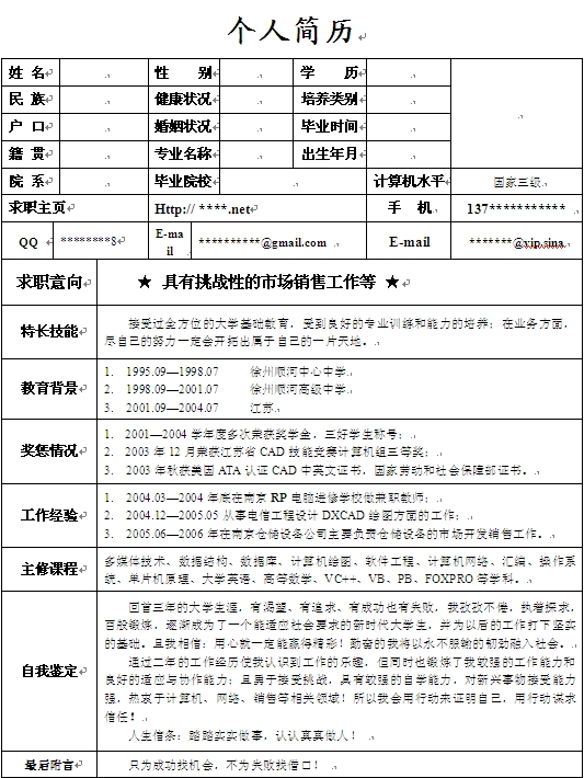 優秀職員個人求職簡歷模板